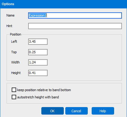 The expression options dialog with the name of the Expression filled in.  The expression name is Expression one.